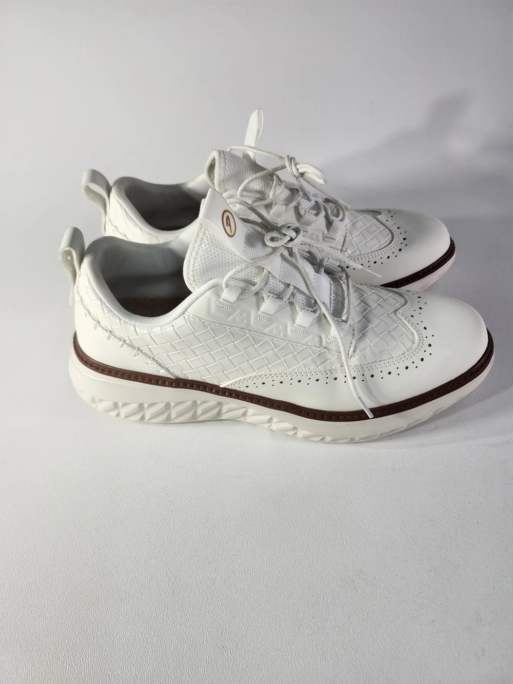 White Men’s Woven Leather Sneakers with Brown Trim